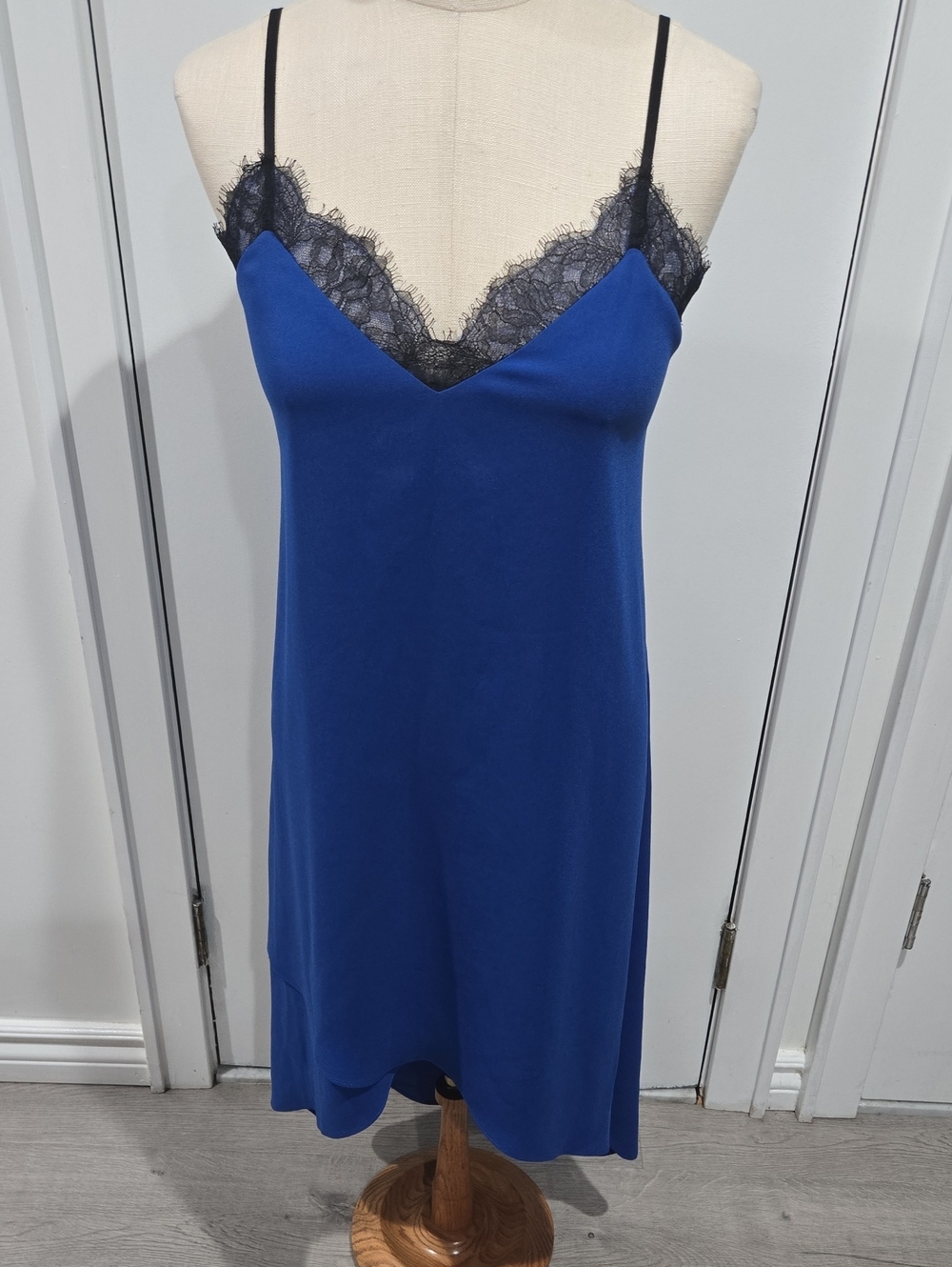 BCBGMaxAzria Royal Blue Slip Dress with Black Lace Trim